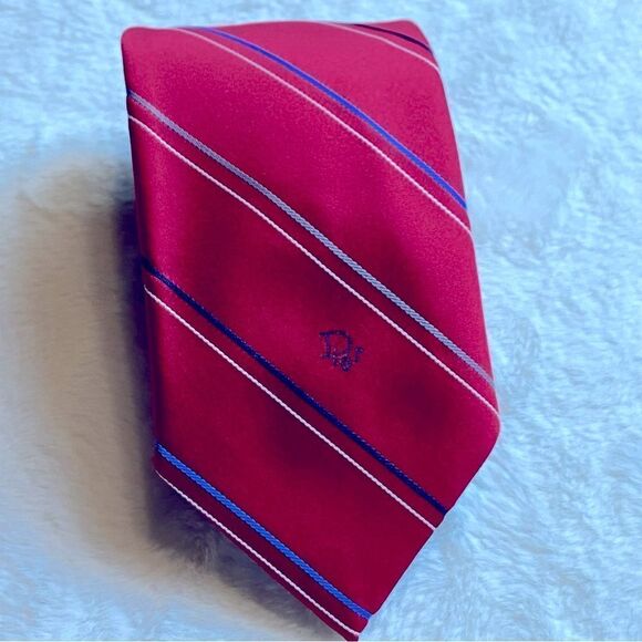 Christian Dior Red Blue White Striped Tie - Picture 1 of 7